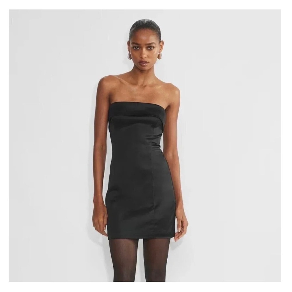 TEN by Aritzia Black Satin Strapless Fold Over Mini Dress 0 Cocktail Night Out